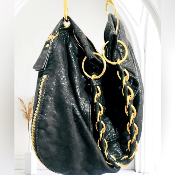 Armani Exchange Black Leather Expandable Slouchy Hobo Chain Shoulder Bag - Picture 2 of 8